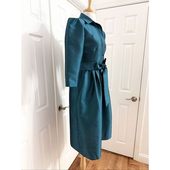 Ecaille Paris Teal 3/4 Sleeve Tie Waist Taffeta Midi A-Line Shirt Dress Size 6 - Picture 2 of 7